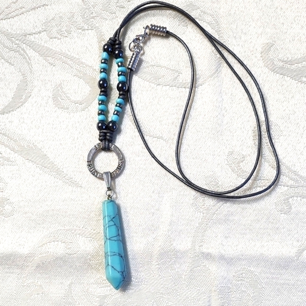 Blue and Black Bohemian Necklace with Turquoise Pendant